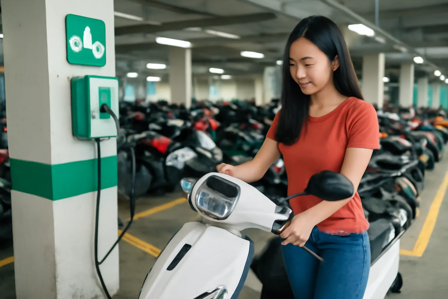 Cô gái trẻ cắm sạc xe máy điện ở khu để xe chung cư sáng đèn