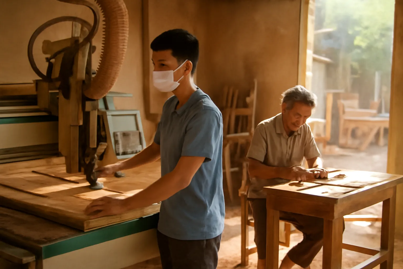 Thợ trẻ đứng bên máy cắt gỗ tự động trong xưởng đồ gỗ ở làng nghề